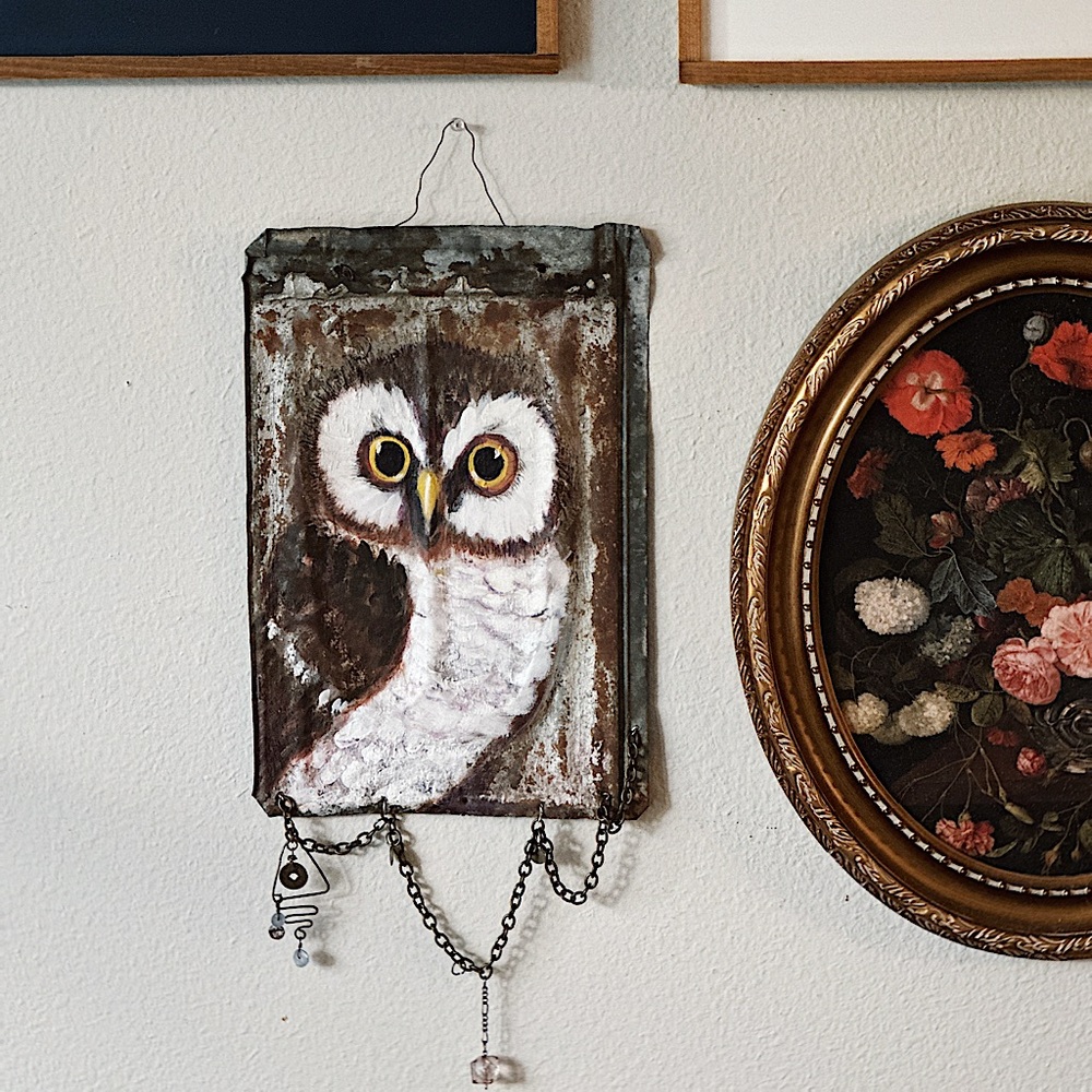 Hand-Painted Owl on metal – Vintage/boho wall art